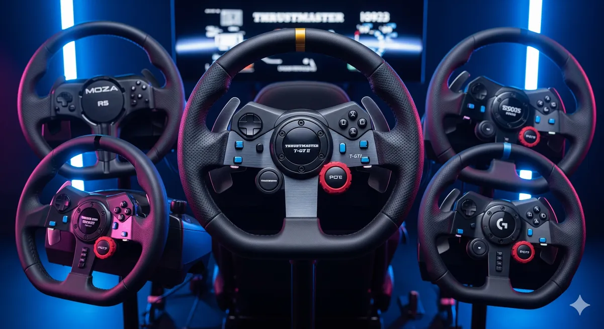 Guia visual dos 5 melhores volantes para sim racing em 2025, com o Thrustmaster T-GT II em destaque ao lado de modelos como MOZA R5 e Logitech G923, em um cenário de setup de jogo futurista.