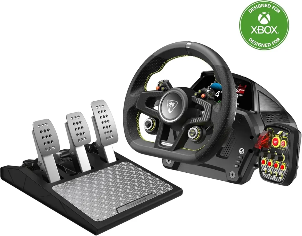 Volante e pedais Turtle Beach VelocityOne Race com selo Xbox em fundo branco.