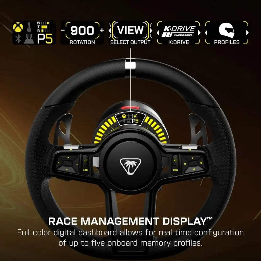 Display de Gerenciamento de Corrida (RMD) do Turtle Beach VelocityOne Race KD3 em funcionamento.