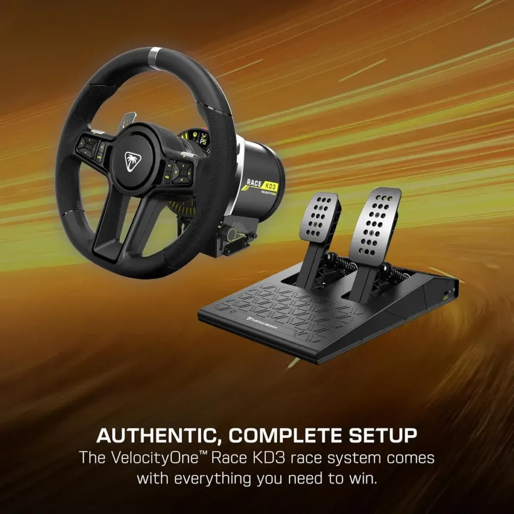 Kit completo Turtle Beach VelocityOne Race KD3 com base, volante e conjunto de pedais.